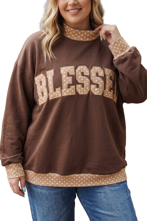 Polka Dot Trim Mock Neck Bless Applique Graphic Sweatshirt