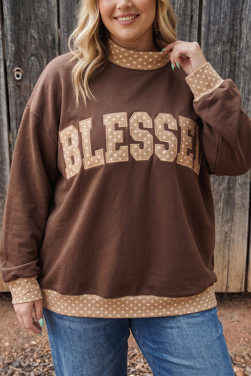 Polka Dot Trim Mock Neck Bless Applique Graphic Sweatshirt