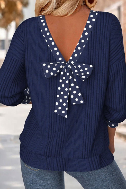 Polka Dot Trim V Neck Bow Textured Long Sleeve Top