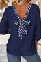 Polka Dot Trim V Neck Bow Textured Long Sleeve Top