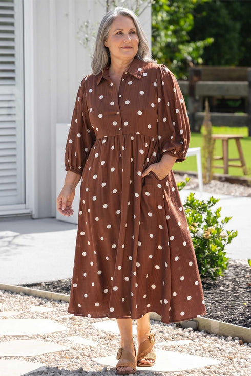 Polka Dot V Neck Front Pocket Gathered Cuffs Long Sleeve Shift Midi Dress