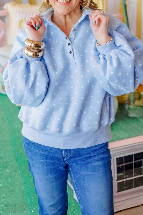 Polka Dot V Neck Metal Button Long Sleeve Sweatshirt