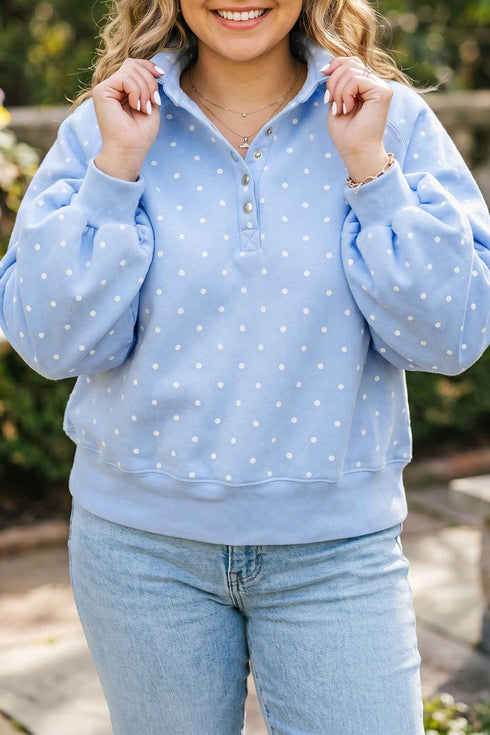 Polka Dot V Neck Metal Button Long Sleeve Sweatshirt