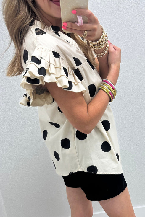 Polka Dot V Neck Ruffle Sleeve Shift Blouse
