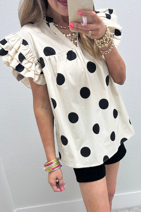Polka Dot V Neck Ruffle Sleeve Shift Blouse