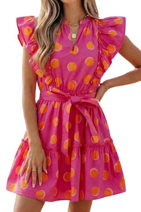 Polka Dot V Neck Ruffled A Line Mini Dress