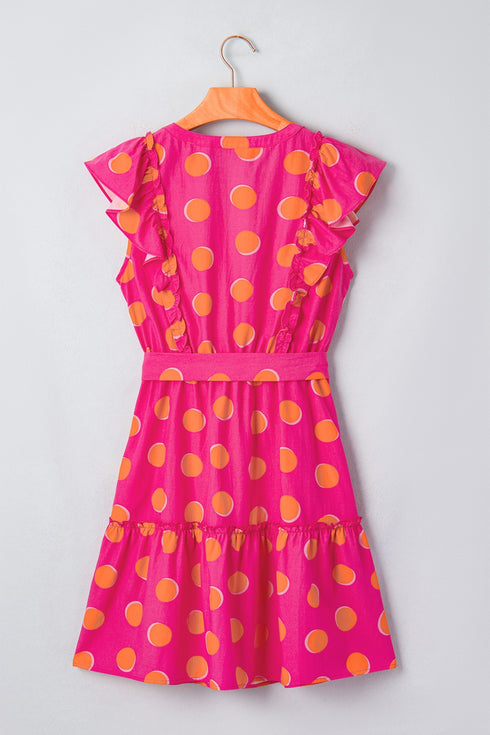 Polka Dot V Neck Ruffled A Line Mini Dress