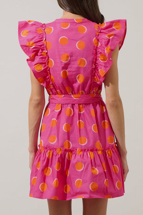 Polka Dot V Neck Ruffled A Line Mini Dress