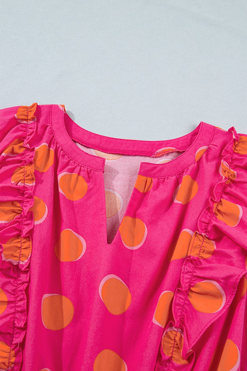 Polka Dot V Neck Ruffled A Line Mini Dress