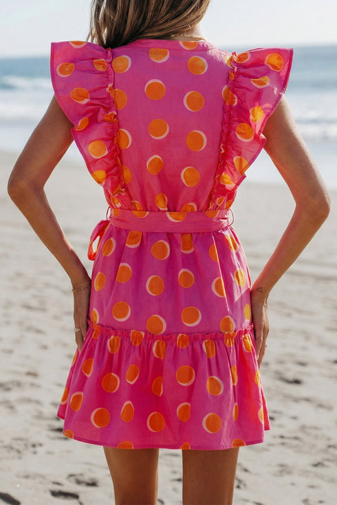 Polka Dot V Neck Ruffled A Line Mini Dress