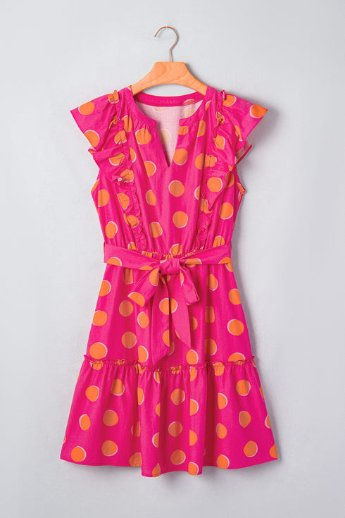 Polka Dot V Neck Ruffled A Line Mini Dress