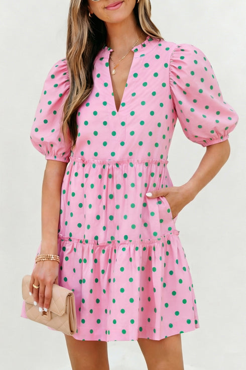 Polka Dot V Neck Short Sleeve Tiered Mini Dress