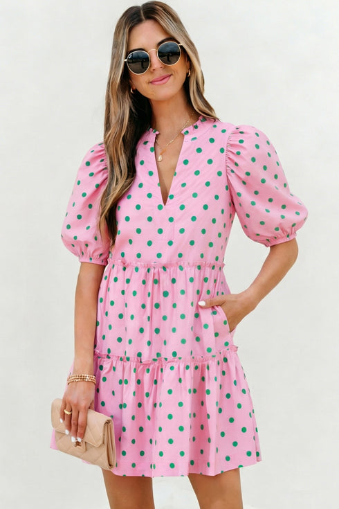 Polka Dot V Neck Short Sleeve Tiered Mini Dress