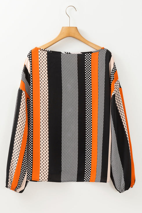 Polka Dot Vertical Stripe Print Puff Sleeve Blouse