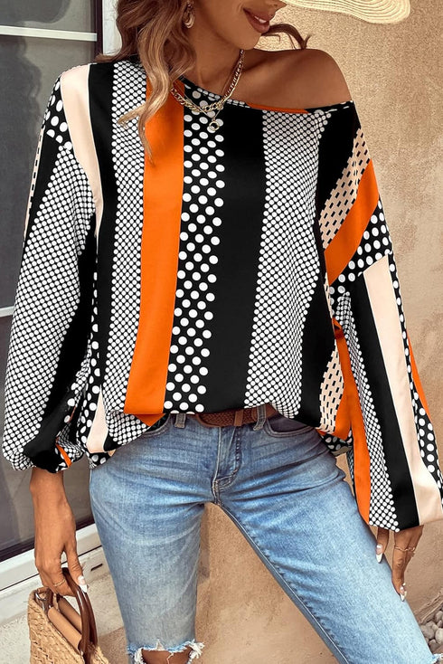 Polka Dot Vertical Stripe Print Puff Sleeve Blouse