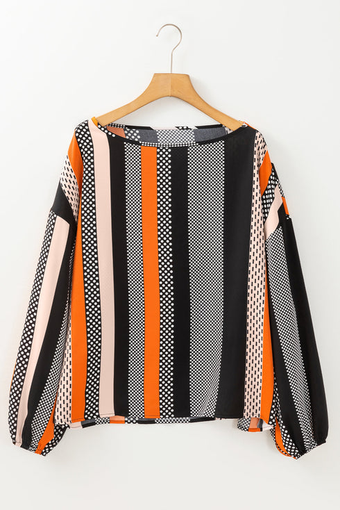Polka Dot Vertical Stripe Print Puff Sleeve Blouse