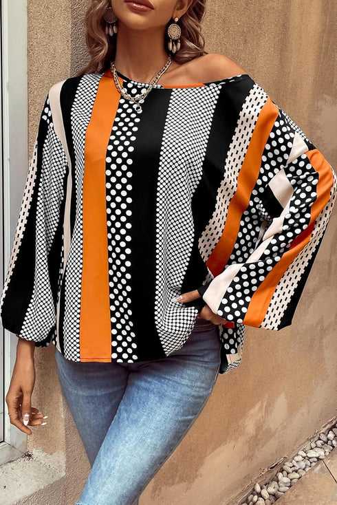 Polka Dot Vertical Stripe Print Puff Sleeve Blouse