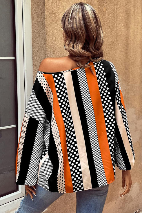 Polka Dot Vertical Stripe Print Puff Sleeve Blouse
