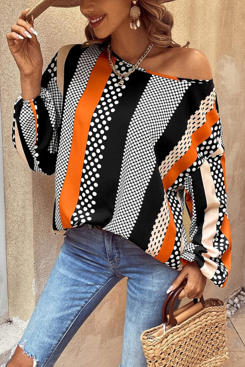 Polka Dot Vertical Stripe Print Puff Sleeve Blouse