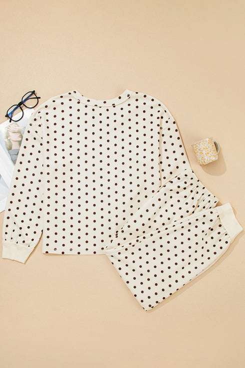 Polka Dot Waffle Knit Notched Neck Lounge Set