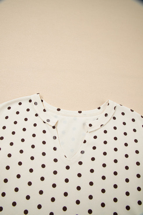 Polka Dot Waffle Knit Notched Neck Lounge Set