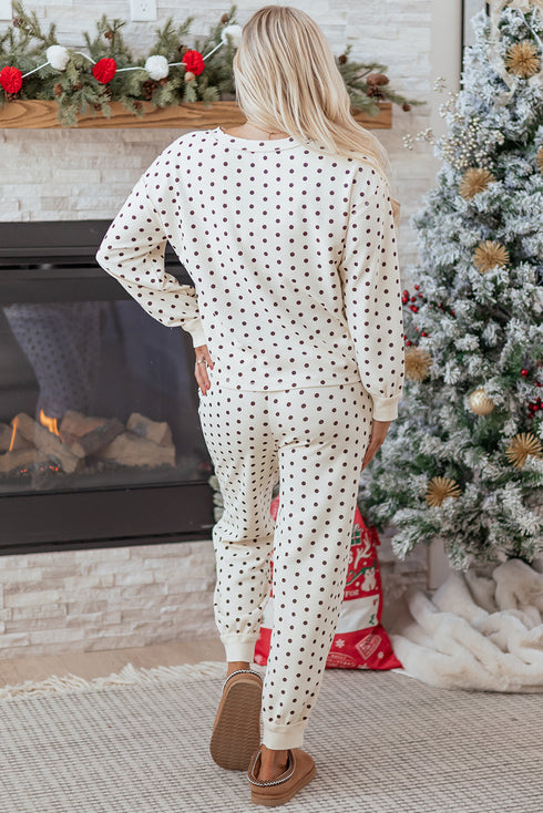 Polka Dot Waffle Knit Notched Neck Lounge Set