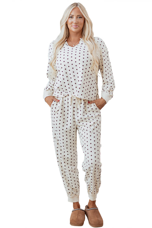 Polka Dot Waffle Knit Notched Neck Lounge Set