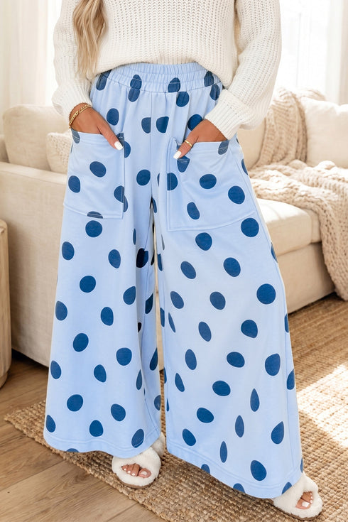 Polka Dot Wide Leg Smocked Elastic Waist Pants