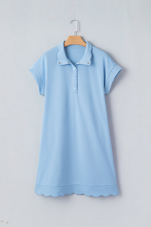 Polo Collar Snap Button Short Sleeve Scalloped Mini Dress