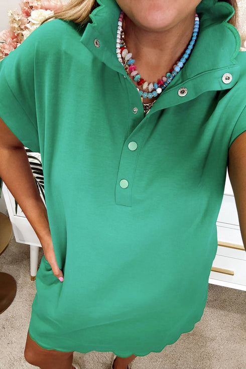 Polo Collar Snap Button Short Sleeve Scalloped Mini Dress