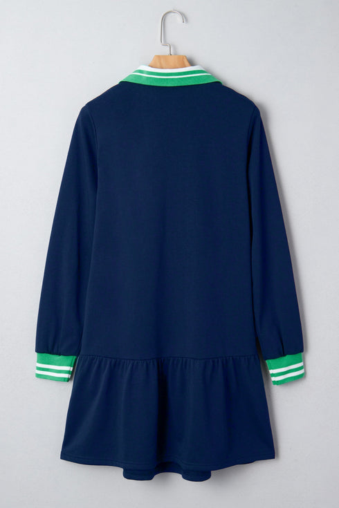 Polo Collar Striped Cuff Patchwork Ruffle Hem Mini Dress