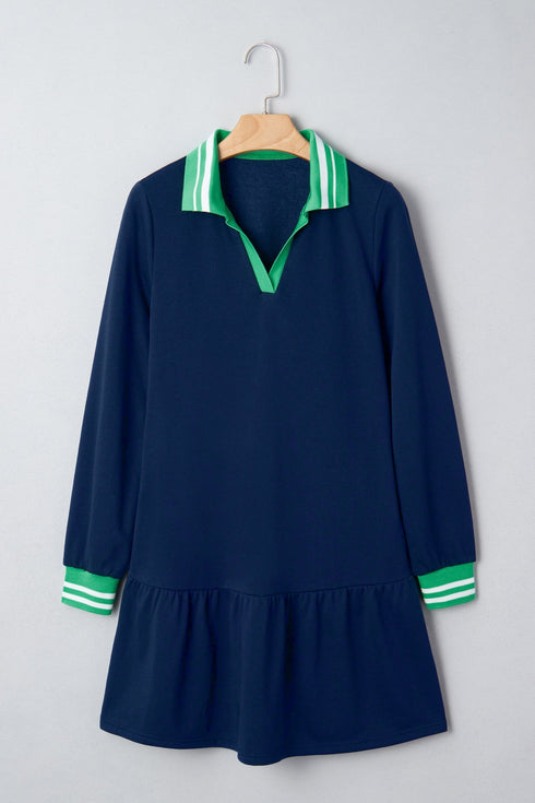 Polo Collar Striped Cuff Patchwork Ruffle Hem Mini Dress