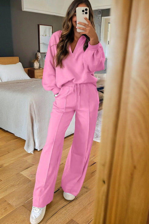 Polo Collar V Neck Drawstring Wide Leg Pant Sets