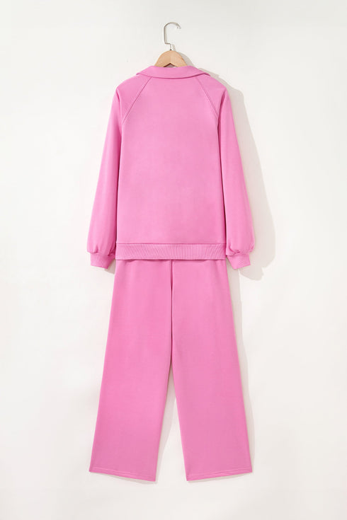 Polo Collar V Neck Drawstring Wide Leg Pant Sets