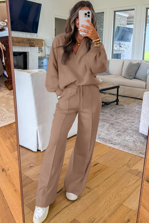Polo Collar V Neck Drawstring Wide Leg Pant Sets