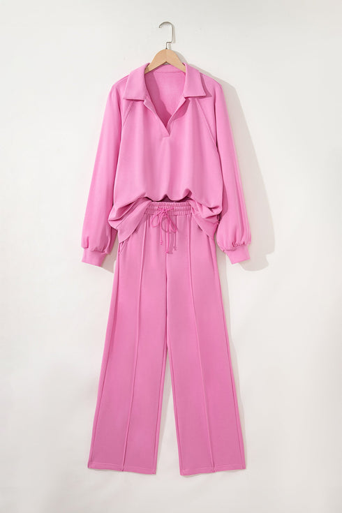 Polo Collar V Neck Drawstring Wide Leg Pant Sets