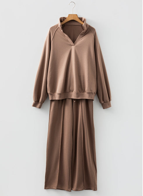 Polo Collar V Neck Drawstring Wide Leg Pant Sets