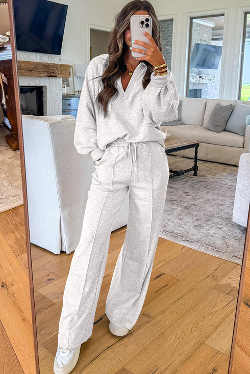 Polo Collar V Neck Drawstring Wide Leg Pant Sets