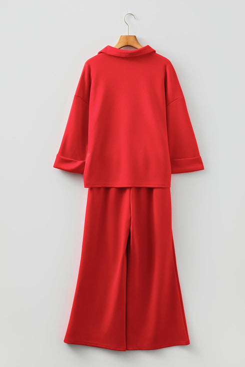 Polo Collar V Neck Wide Leg Pant Set