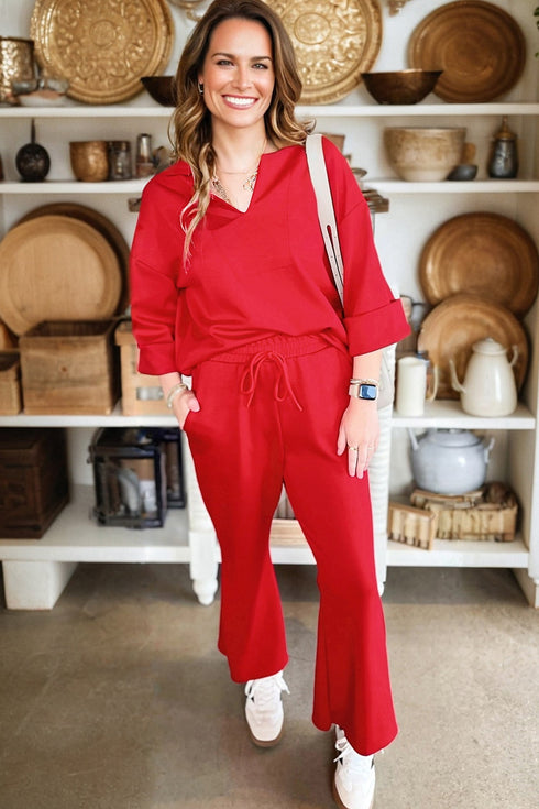 Polo Collar V Neck Wide Leg Pant Set