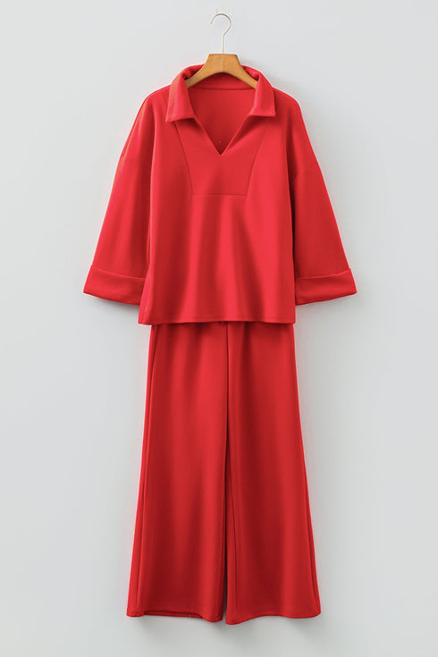 Polo Collar V Neck Wide Leg Pant Set