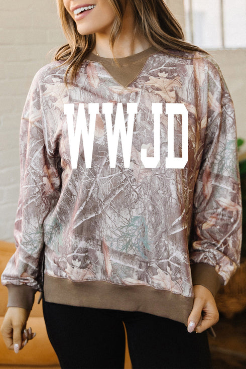 Polyester Elastane Camo Wwjd Graphic Slit Sweatshirt