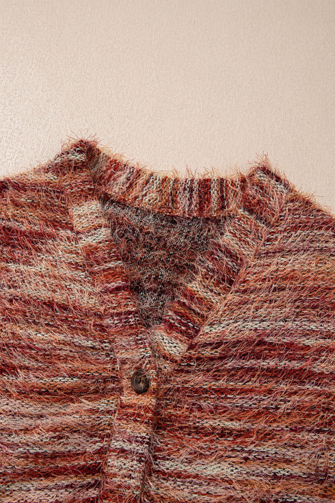 Polyester Fuzzy Striped Pattern Button Front Cardigan