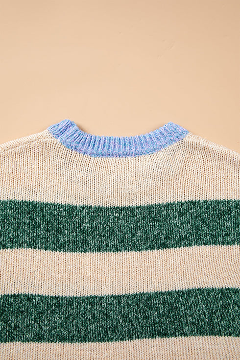 Polyester Striped Pattern Drop Shoulder Pullover Sweater
