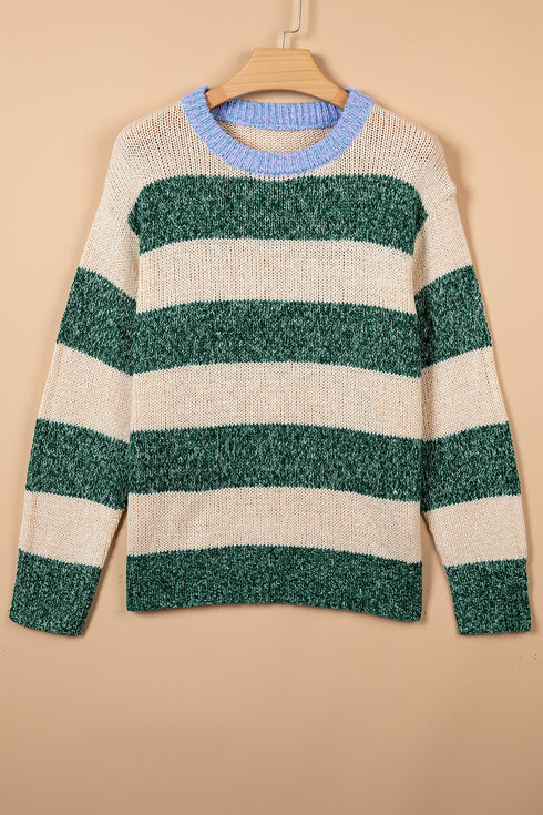 Polyester Striped Pattern Drop Shoulder Pullover Sweater