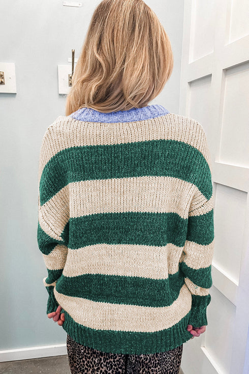 Polyester Striped Pattern Drop Shoulder Pullover Sweater