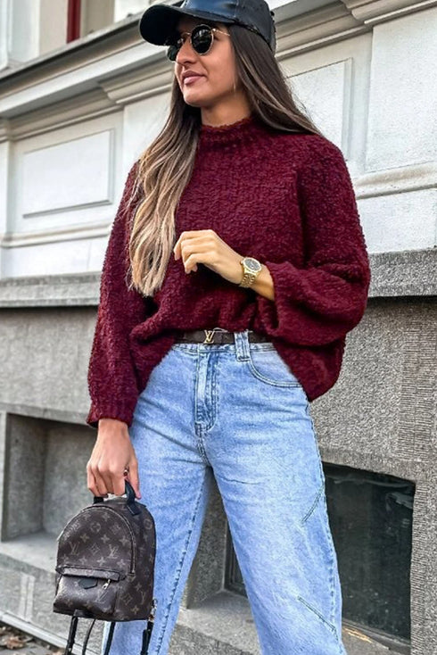 Popcorn Textured Mock Neck Relaxed Fit Sweater