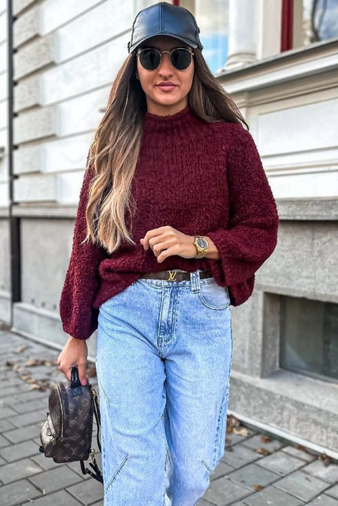 Popcorn Textured Mock Neck Relaxed Fit Sweater