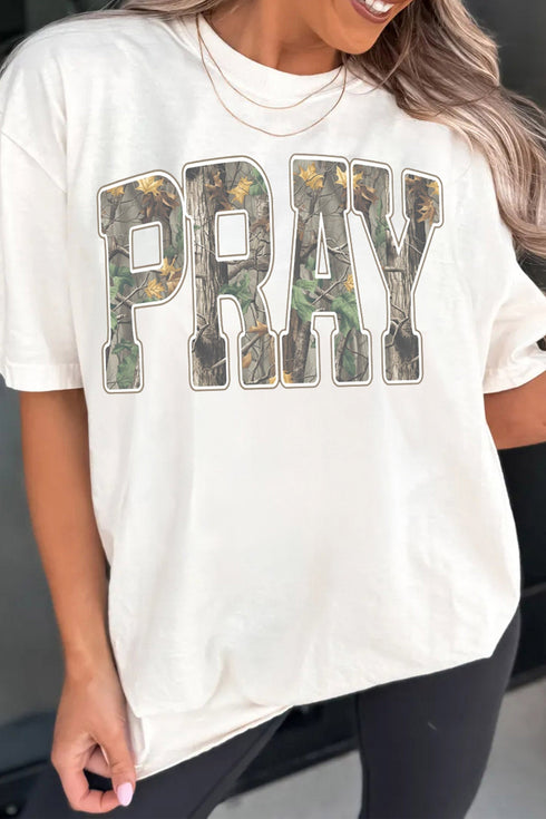 Pray Camo Letter Print Round Neck Faith Graphic Tee