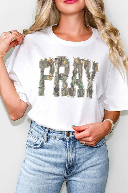 Pray Camo Letter Print Round Neck Faith Graphic Tee